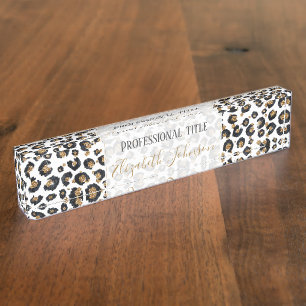 Elegant Gold Glitter Leopard Pattern Nameplate