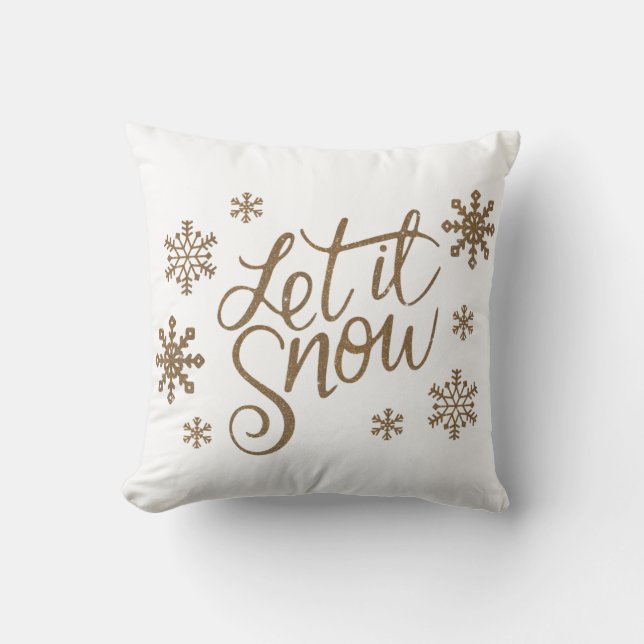 Elegant gold glitter let it snow text snowflakes cushion (Front)