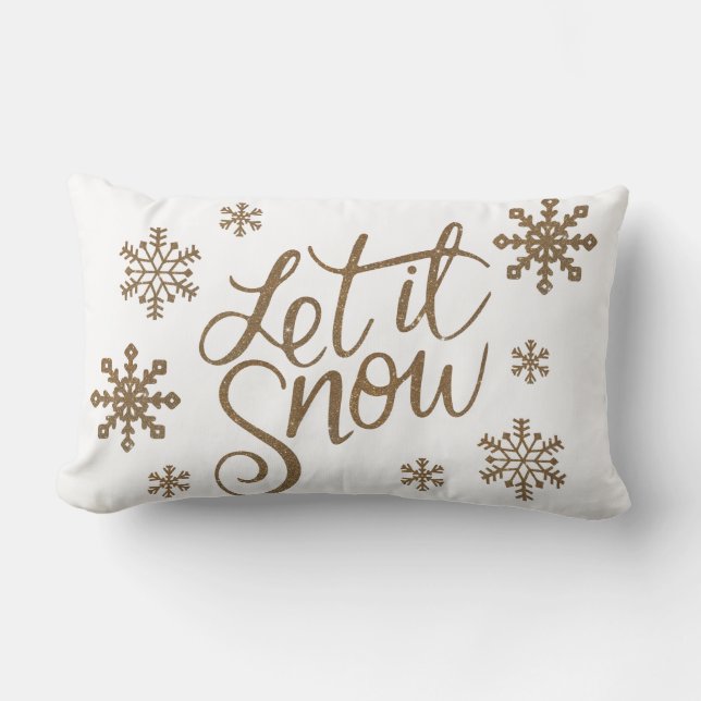 Elegant gold glitter let it snow text snowflakes lumbar cushion (Front)