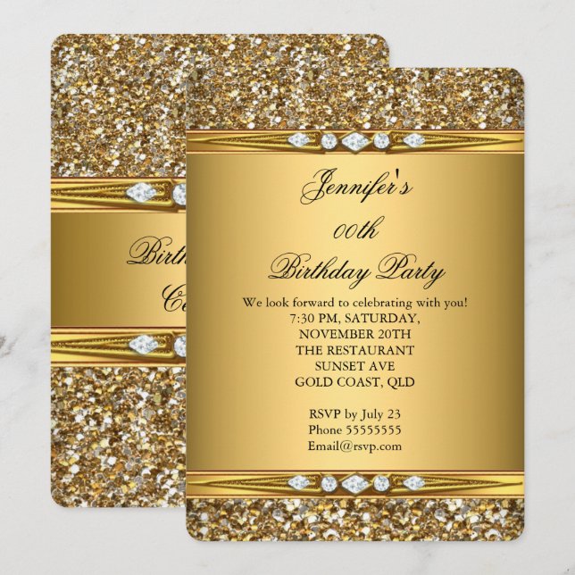 Elegant Gold Glitter Look Diamond Birthday Party Invitation (Front/Back)