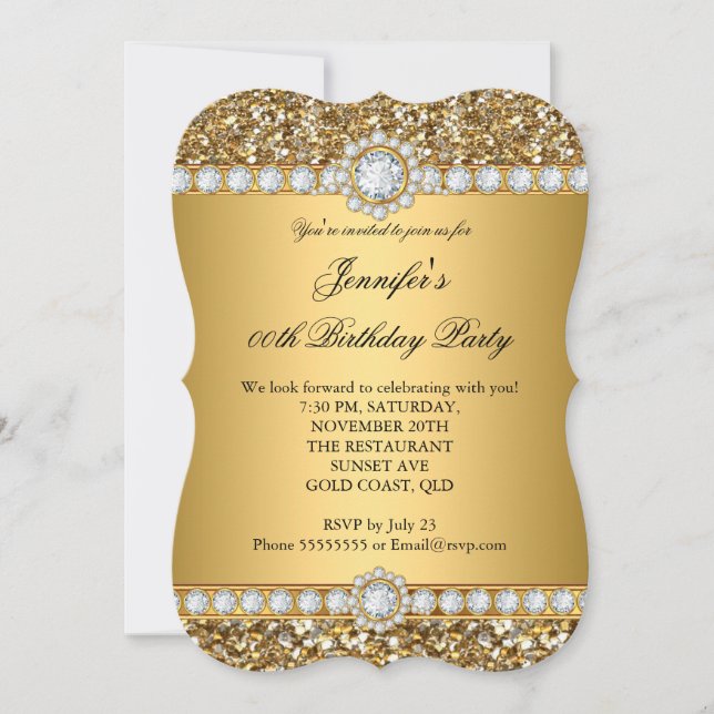 Elegant Gold Glitter Look Diamond Trim Birthday Invitation (Front)