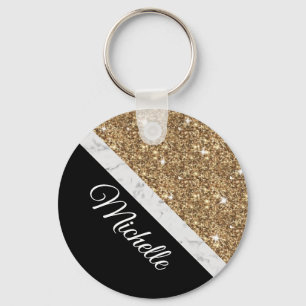 Elegant Gold Glitter Marble Custom Name Black Chic Key Ring