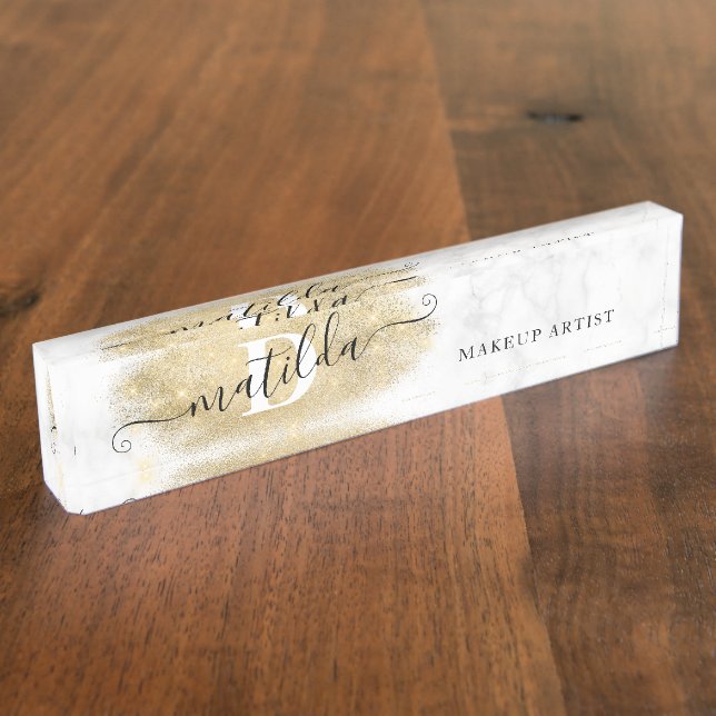 Elegant gold glitter marble makeup artist  nameplate (Side)