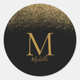 Elegant Gold Glitter Monogram Name Classic Round Sticker