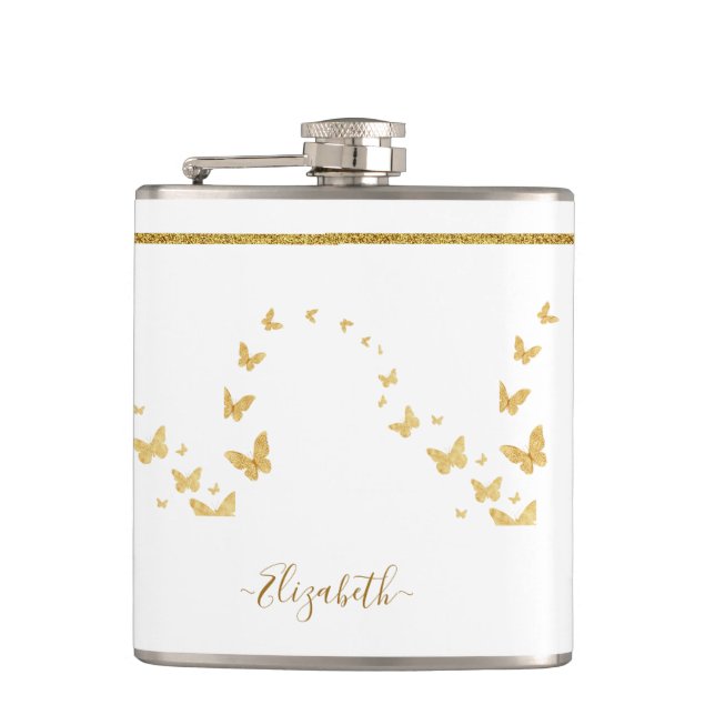 Elegant Gold Glitter Monogram Name Hip Flask (Front)