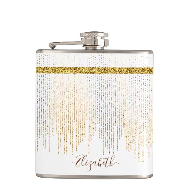 Elegant Gold Glitter Monogram Name Hip Flask (Front)
