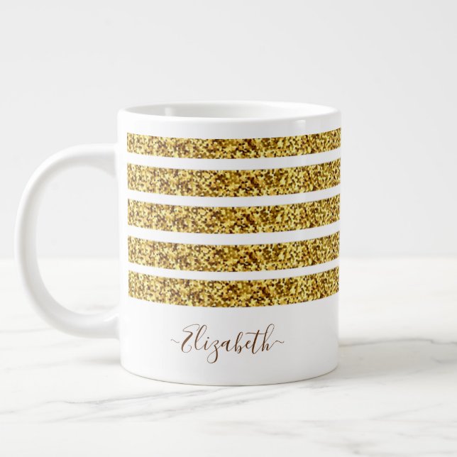 Elegant Gold Glitter Monogram Name Large Coffee Mug (Left)