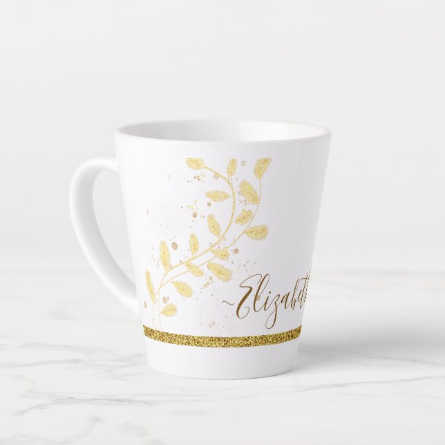 Elegant Gold Glitter Monogram Name Latte Mug (Left Angle)