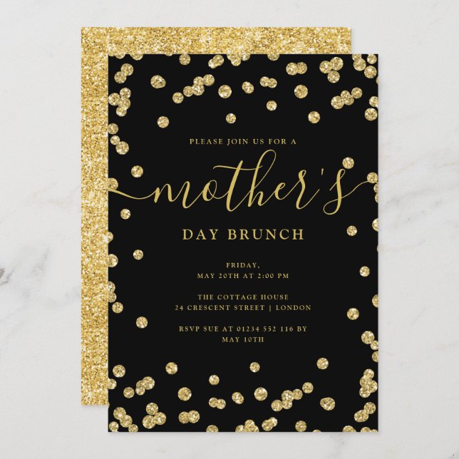 Elegant Gold Glitter Mother's Day Brunch Black  Invitation (Front/Back)