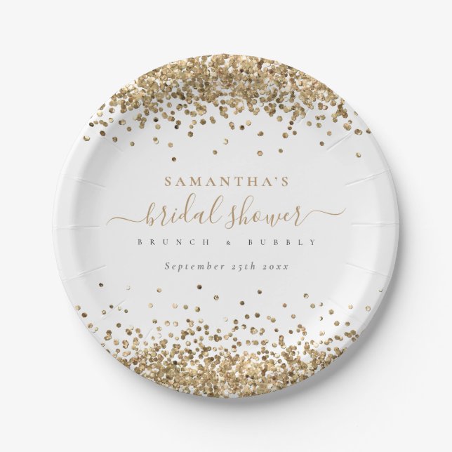 Elegant Gold Glitter Name Date Bridal Shower Paper Plate (Front)