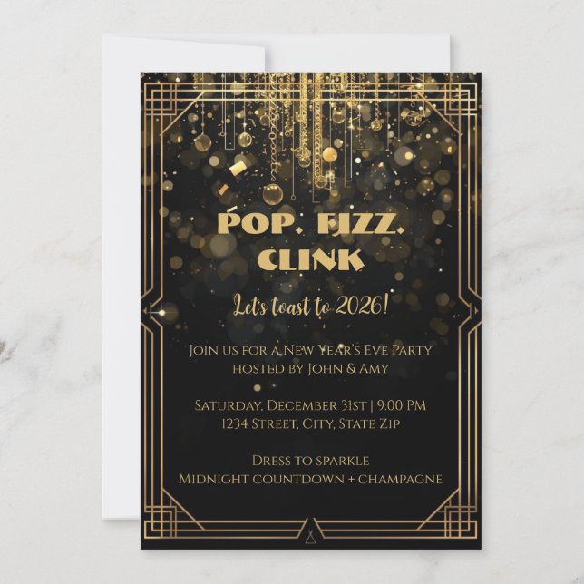 Elegant Gold Glitter New Year’s Eve Invitation (Front)