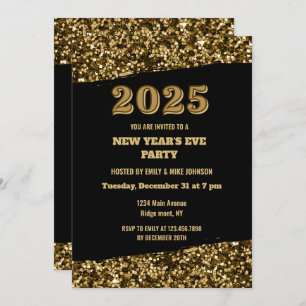 Elegant Gold Glitter New Years Eve Black 2025 Invitation