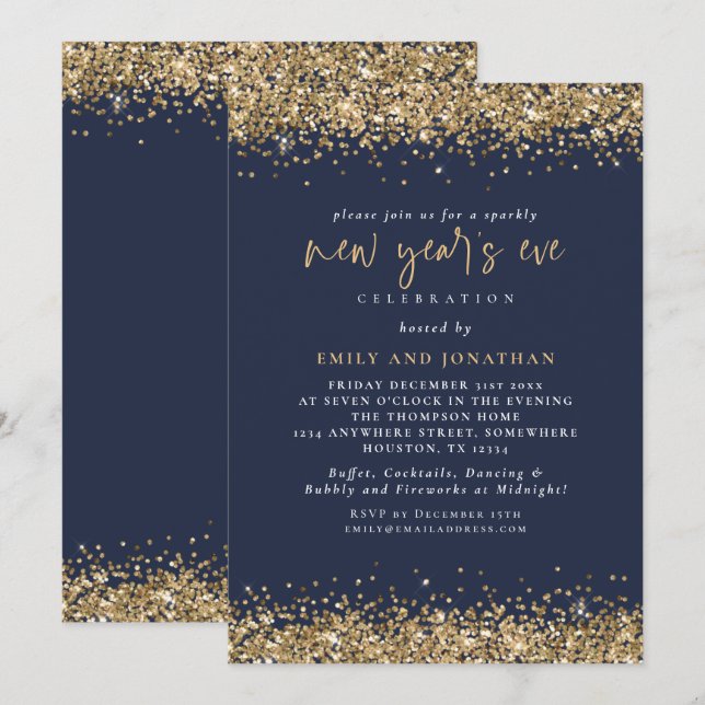 Elegant Gold Glitter New Years Eve Navy Blue Invitation (Front/Back)