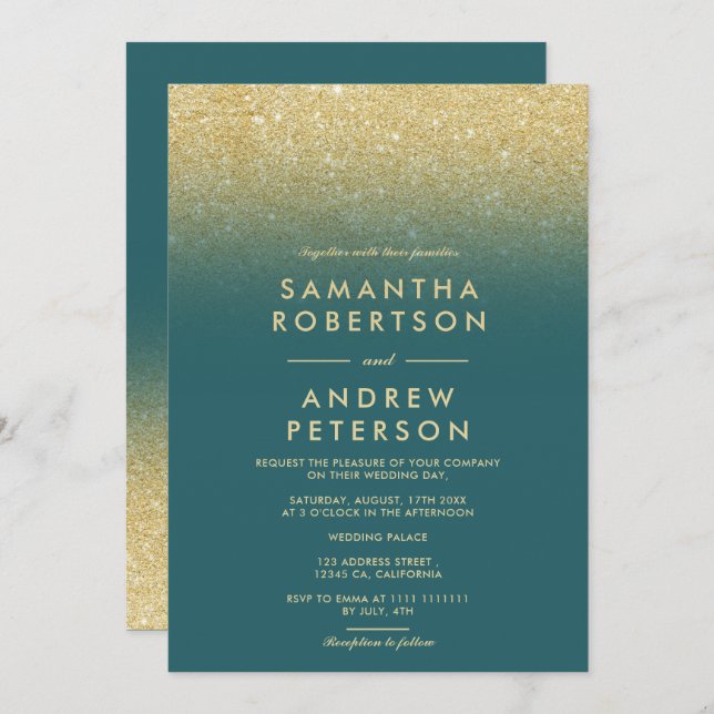 Elegant gold glitter ombre teal wedding invitation (Front/Back)