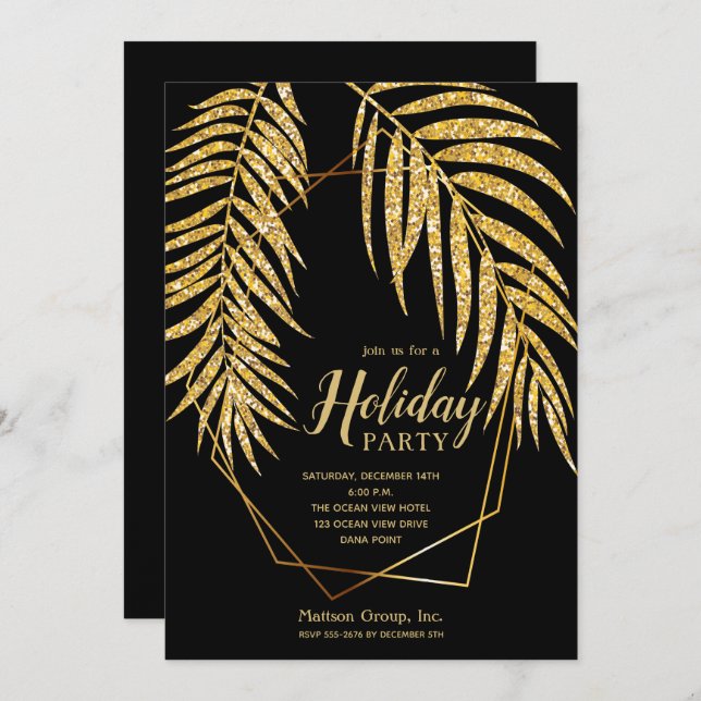 Elegant Gold Glitter Palm Holiday Christmas Invite (Front/Back)