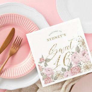 Elegant Gold Glitter Peony Florals Sweet 16 Favour Napkin