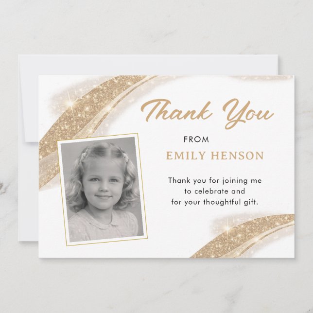 Elegant Gold Glitter Photo Birthday Thank You Card (Front)