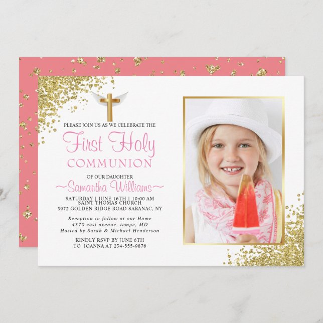 Elegant Gold Glitter Photo First Communion Invitation (Front/Back)