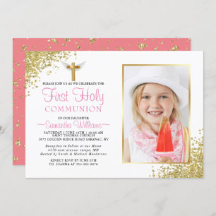 Elegant Gold Glitter Photo First Communion Invitation