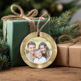 Elegant Gold Glitter Photo Metallic Christmas Ceramic Ornament