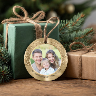Elegant Gold Glitter Photo Metallic Christmas Ceramic Ornament