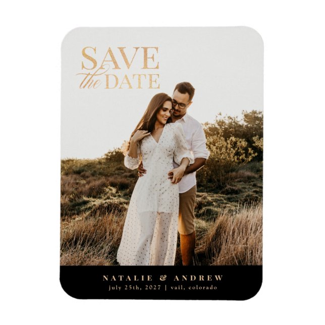 Elegant Gold Glitter Photo Save the Date Magnet (Vertical)