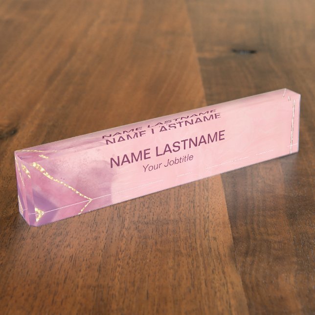 Elegant Gold Glitter Pink Agate Marble Sparkle Nameplate (Side)