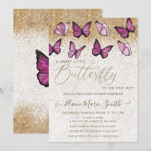 Elegant Gold Glitter Pink Butterfly Baby Shower Invitation