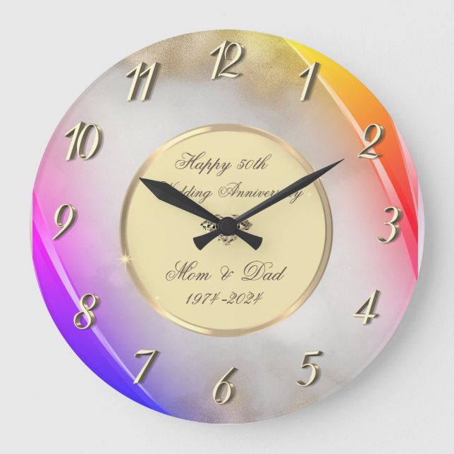 Elegant Gold Glitter Purple 50 Wedding Anniversary Large Clock (Front)