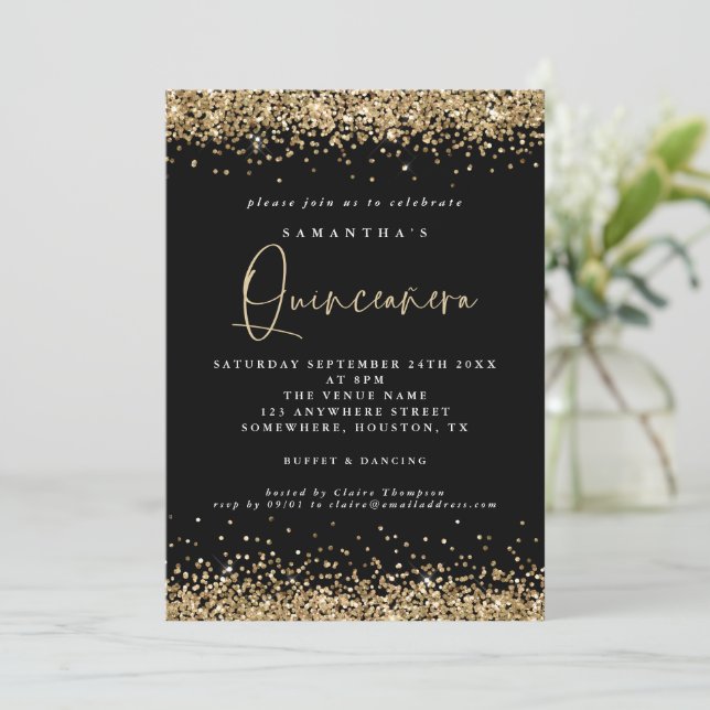 Elegant Gold Glitter Quinceañera 15th Party Black Invitation (Standing Front)