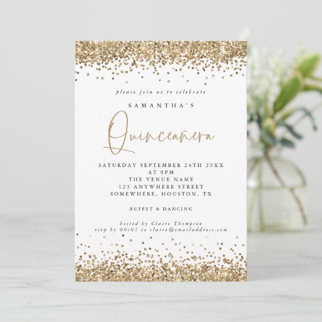 Elegant Gold Glitter Quinceañera 15th Party Invitation (Standing Front)