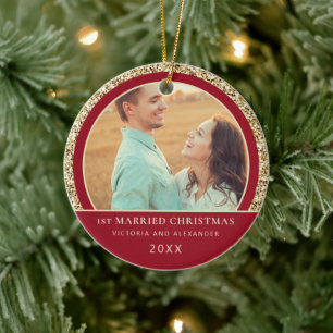 Elegant Gold Glitter Red 1st Married Christmas   Ceramic Ornament