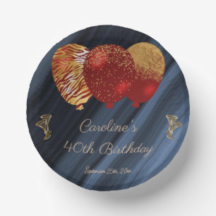 Elegant Gold & Glitter Red Balloons Birthday Paper Plate
