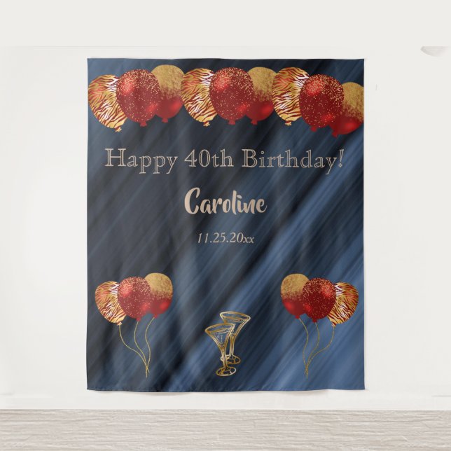 Elegant Gold & Glitter Red Balloons Birthday Tapestry (Front)