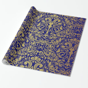 Elegant Gold Glitter Royal Blue Damask Wrapping Paper