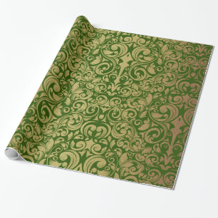 Elegant Gold Glitter Royal Green Damask Wrapping Paper