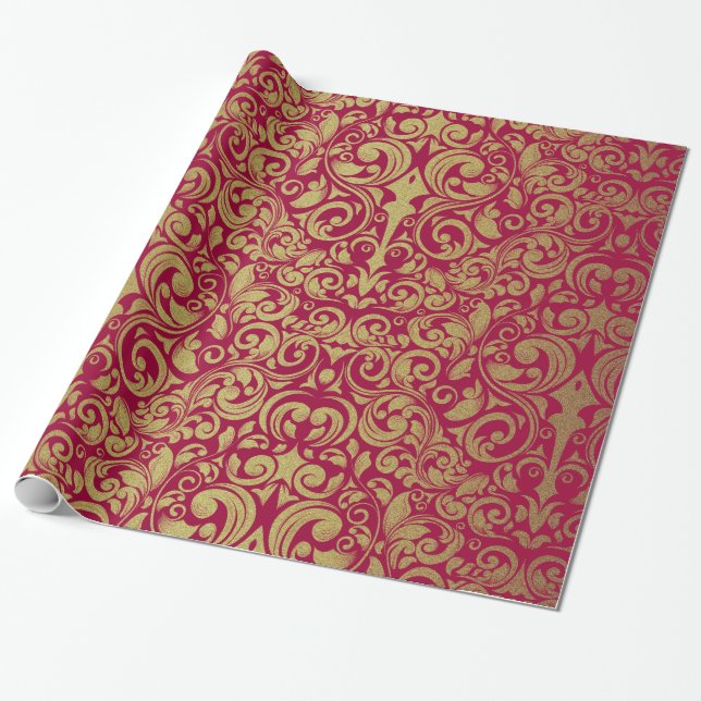 Elegant Gold Glitter Royal Red Damask Wrapping Paper (Unrolled)