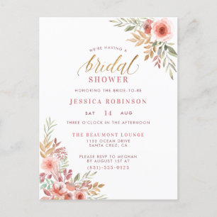 Elegant Gold Glitter Script Floral Bridal Shower Invitation Postcard