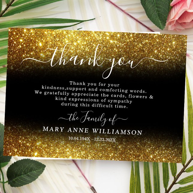 Elegant Gold Glitter Script Funeral Thank You Card (Creator Uploaded)