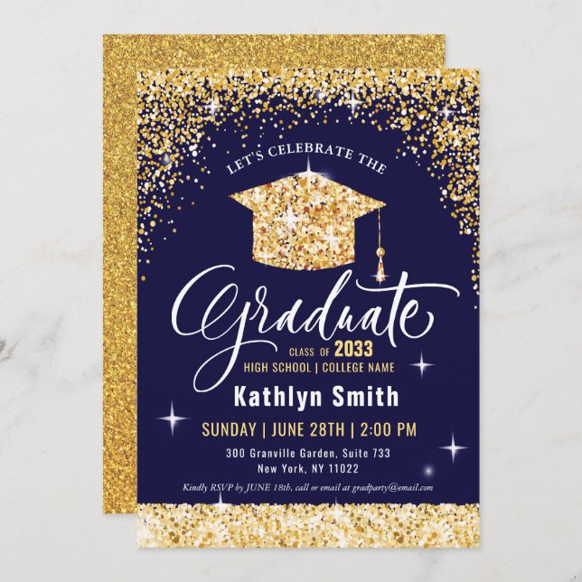 Elegant Gold Glitter Script Sparkling Graduation Invitation (Front/Back)