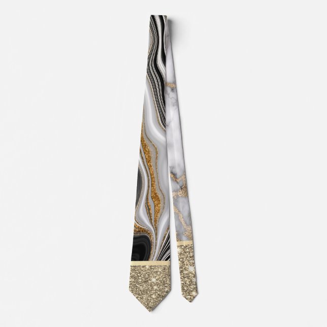 Elegant Gold Glitter Shiny White Black Marble Tie (Front)