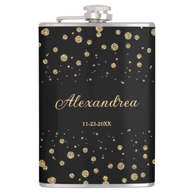 Elegant Gold Glitter Sparkle Black Personalise Hip Flask (Front)