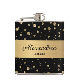 Elegant Gold Glitter Sparkle Black Personalise Hip Flask