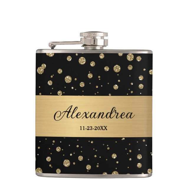 Elegant Gold Glitter Sparkle Black Personalise Hip Flask (Front)