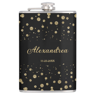 Elegant Gold Glitter Sparkle Black Personalize Hip Flask