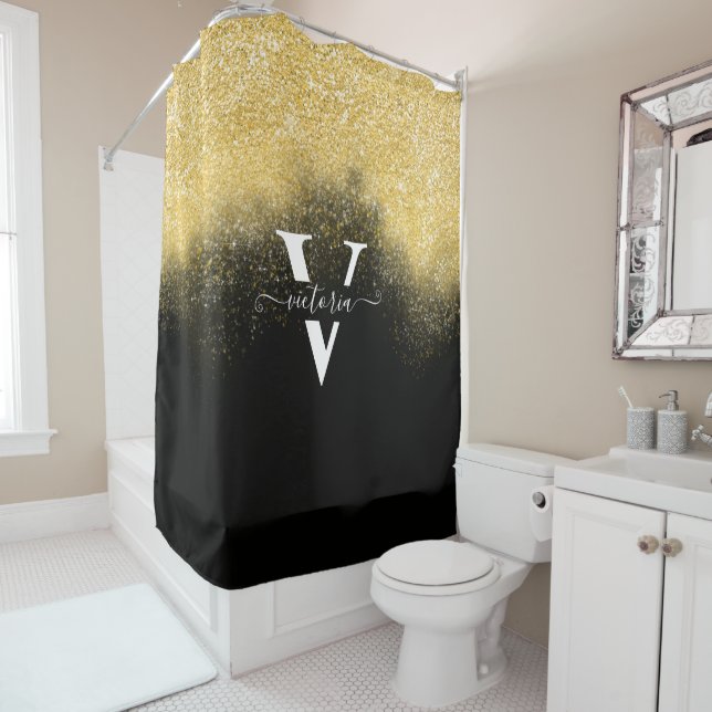 Elegant Gold Glitter Sparkle Monogram Black Custom Shower Curtain (In Situ)