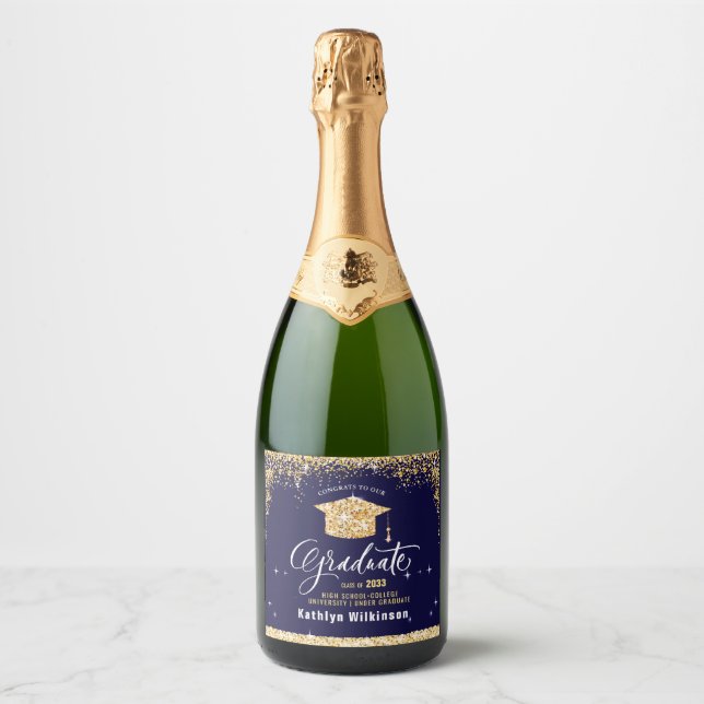 Elegant Gold Glitter Sparkling Graduation Party Sparkling Wine Label (Front)