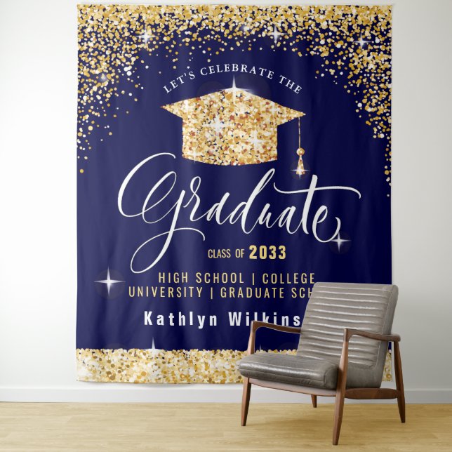 Elegant Gold Glitter Sparkling Graduation Photo Tapestry (In Situ)