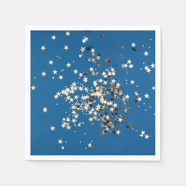 Elegant Gold Glitter Stars on Blue Paper Napkin (Front)