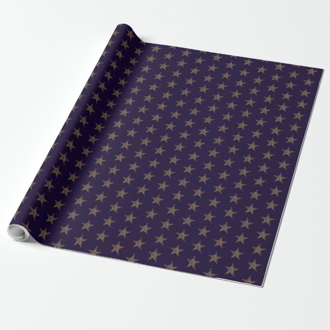 Elegant Gold Glitter Stars Pattern on Navy Blue Wrapping Paper (Unrolled)
